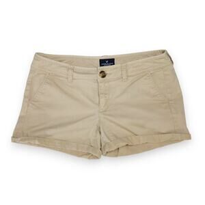 American Eagle Midi Stretch Chino Shorts Cuffed Hem Slant Pockets Khaki 4